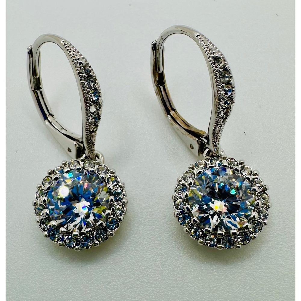 Nadri Round Cubic Zirconia Halo Leverback Drop Earrings Silver Tone with NWB - Picture 1 of 9